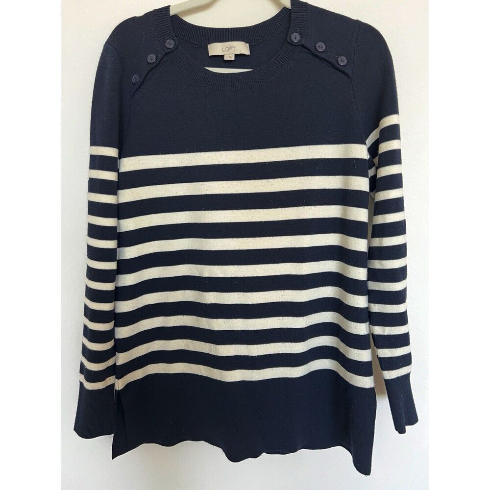 Loft Women’s Navy White Striped Boat Neck Lightweight Pullover Sweater Sz Medium